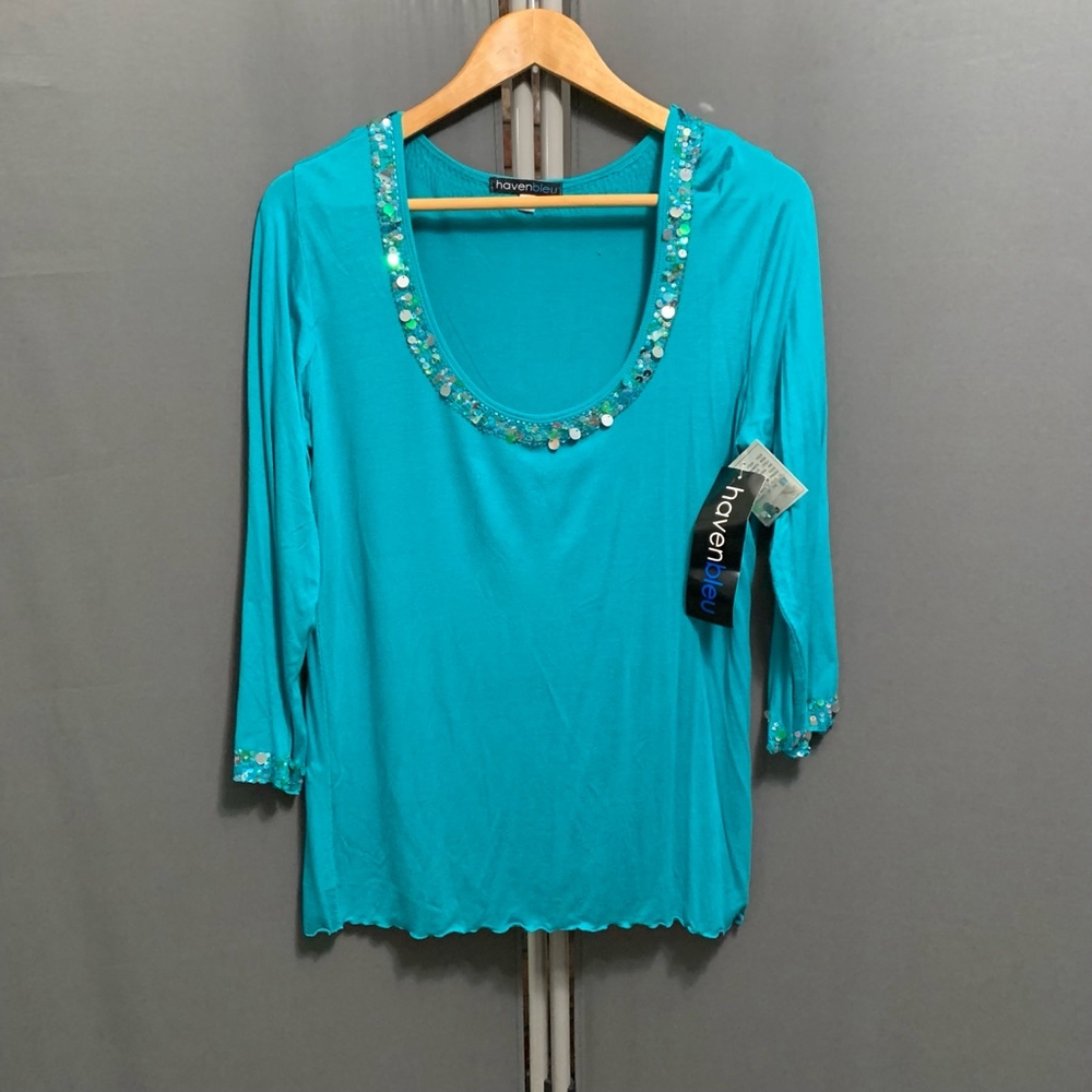 Women's Teal Scoop Neck Embellished Blouse